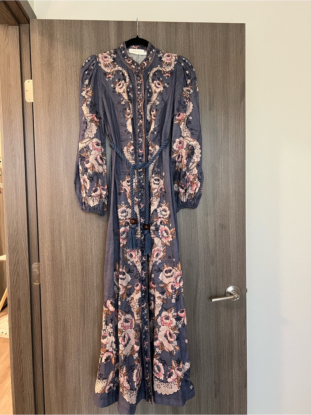 Zimmermann Navy Maxi Dress with Pink Floral Embroidery